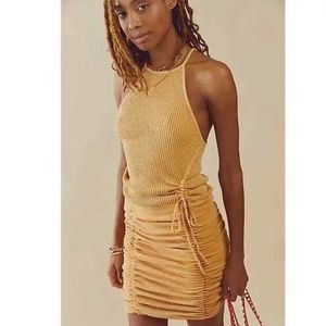 Free People Mustard Ruched Mini Dress